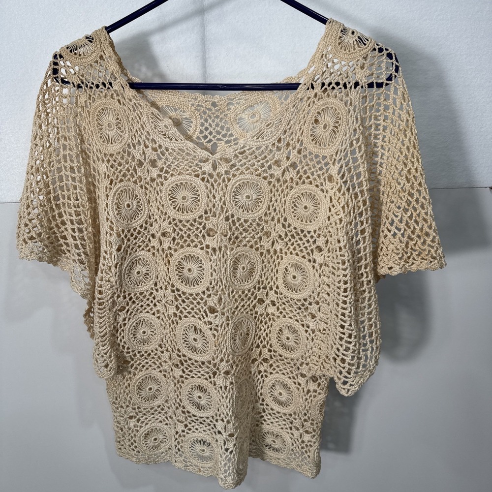 Vtg SK IMPORTS Crochet Top Womens Sz S Handmade Knit Boho Flutter Festival Fairy